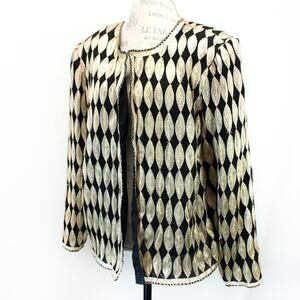 Stenay Vintage 100% Silk Black Gold Leaf Pattern Cardigan Sweater Jacket Glam 1X
